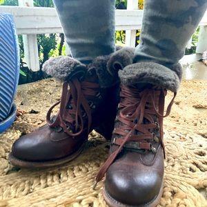Fur lined lace up boots with block heel